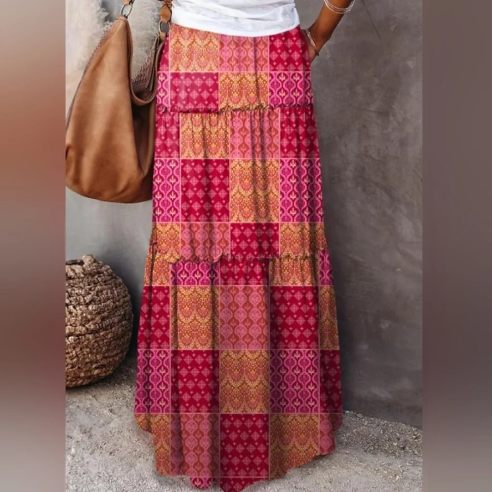 Maxi Skirt 70s Style Long Pocket Skirts - Long Floral Boho Patchwork Print Skirt - Picture 4 of 9